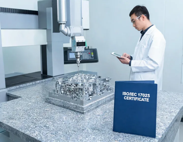 Inspector verifying a precision mold on a CMM granite table