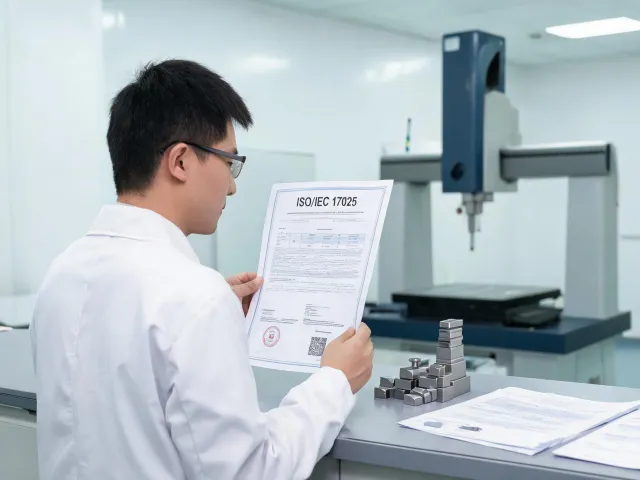 Calibration engineer reviewing certificates near CMM equipment